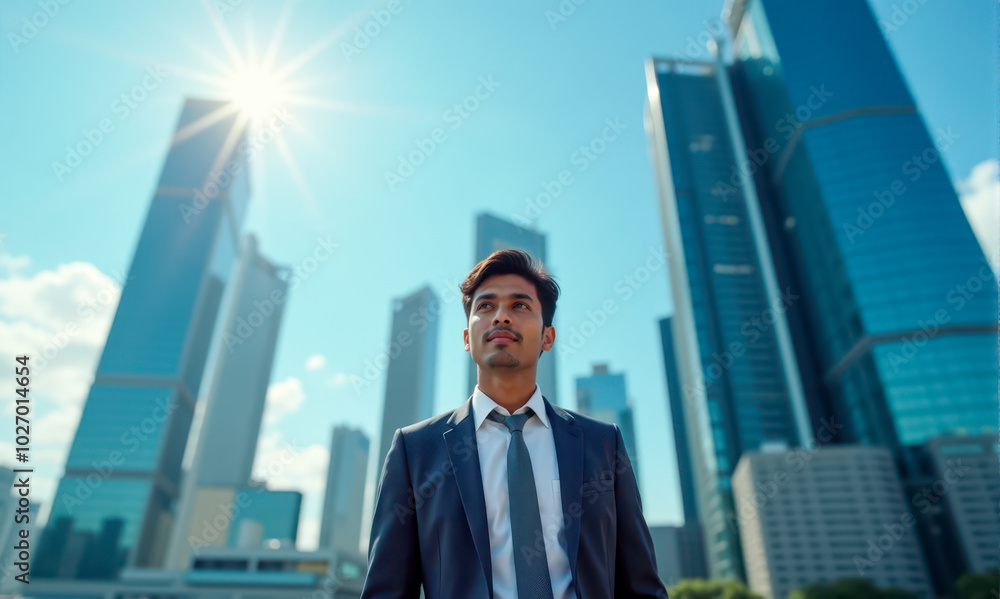Fototapeta premium Young Indian businessman in suit standing with urban skyline background, sunny day, corporate success, economic growth, modern architecture, ambitious entrepreneur, business expansion India