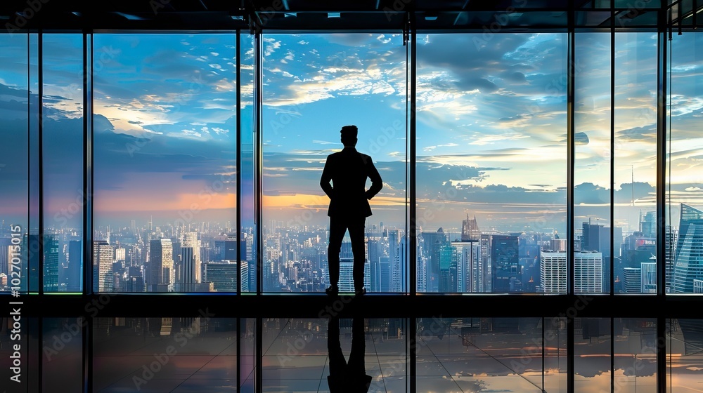 A business executive standing before a window, overlooking the city, deep in thought, representing self-reflection and responsibility for decisions, Accountability A business executive standing before a window, overlooking the city, deep in thought, representing self-reflection and responsibility for decisions, Accountability