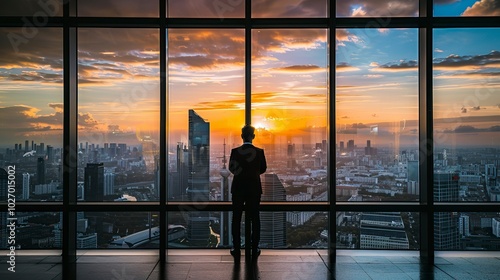 A business executive standing before a window, overlooking the city, deep in thought, representing self-reflection and responsibility for decisions, Accountability