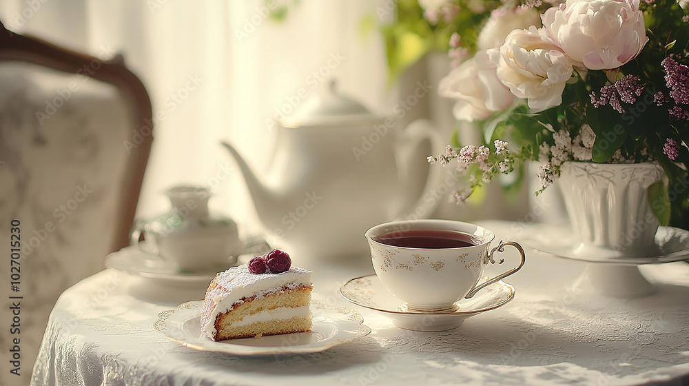 Elegant afternoon tea with tea cake and delicate pastries Elegant afternoon tea with tea cake and delicate pastries