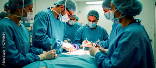 Surgeons in operating room performing complex surgery, medical professionals in action, hospital environment, healthcare team working together, surgical procedure, doctors in sterile clothing photo