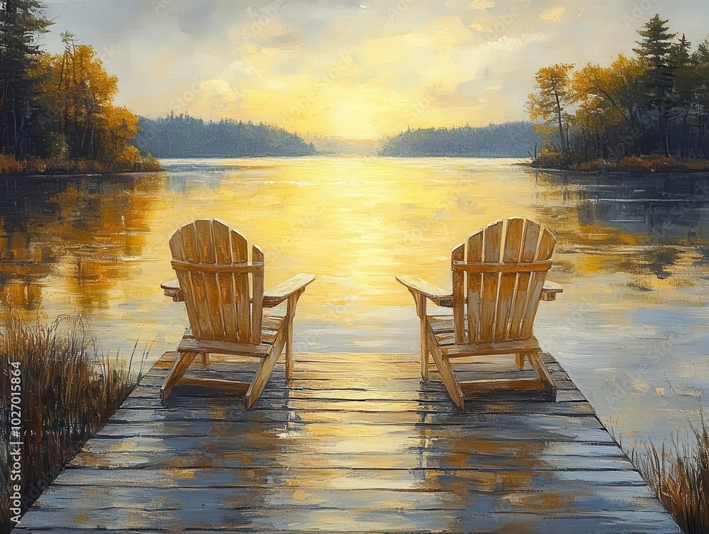 Naklejka premium peaceful sunrise illuminating two empty adirondack chairs on a tranquil dock, casting long shadows over the wooden pier, reflecting a serene moment by the lake in muskoka, ontario