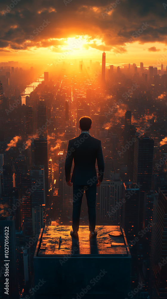 A powerful businessman stands at the edge of a rooftop, overlooking a panoramic city skyline at sunset A powerful businessman stands at the edge of a rooftop, overlooking a panoramic city skyline at sunset