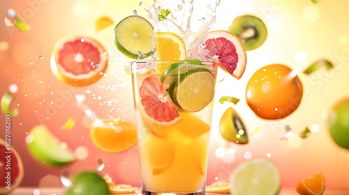 A glass of fresh juice with floating fruit slices above a bright background