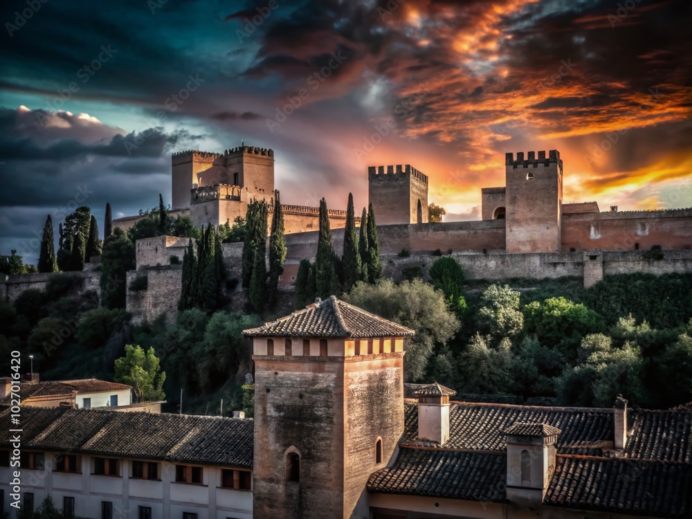 Naklejka premium Silhouette of Granada Fortress Wall and Towers at Alhambra Palace Complex