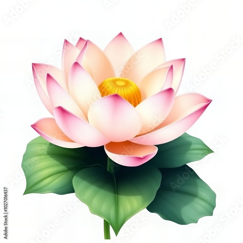 there is a pink flower with green leaves on a white background. photo