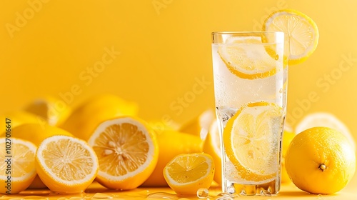 A glass of fresh lemonade with floating lemon slices above a bright yellow background