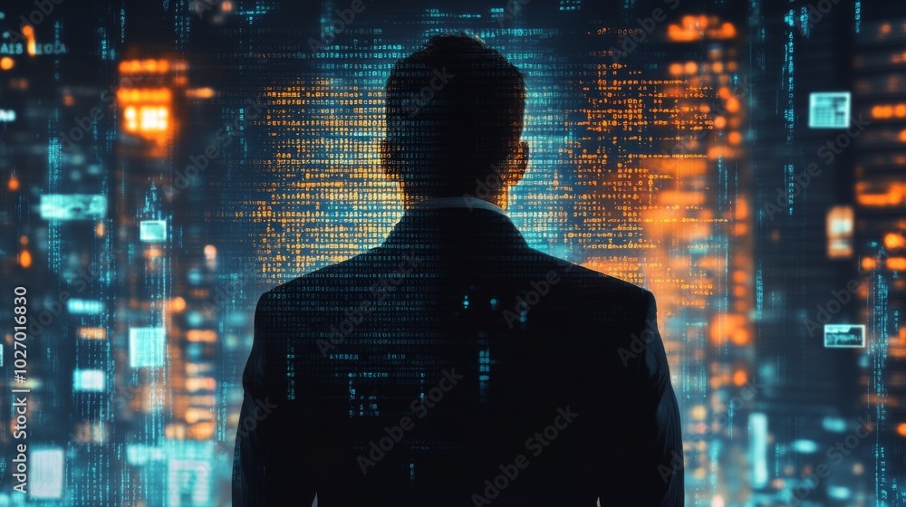 Silhouetted businessman facing a digital background of code. Silhouetted businessman facing a digital background of code.