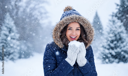 Excited young woman in winter clothing, standing in snowy landscape, expressing joy, welcoming winter arrival, hands near face, happiness in snowfall