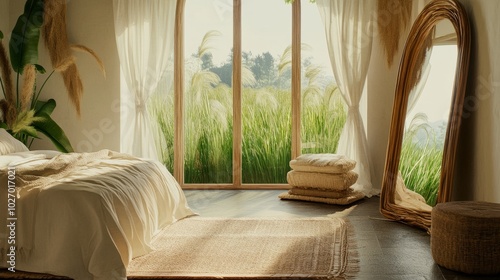 A boho-style bedroom with a mirror, open windows, and a view of green grass swaying in the wind.