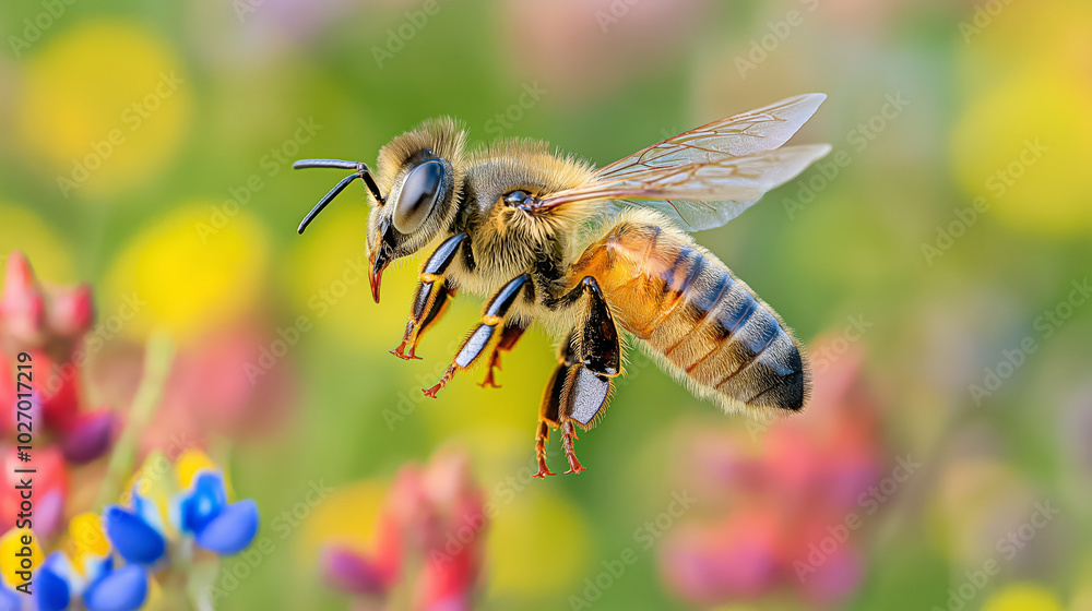 Close-up of honeybee in flight amidst vibrant spring blossoms Close-up of honeybee in flight amidst vibrant spring blossoms