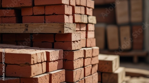 Stack of red bricks for construction.