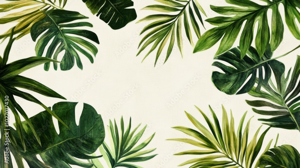 Tropical leaves frame a white background, perfect for adding text or a logo. Tropical leaves frame a white background, perfect for adding text or a logo.