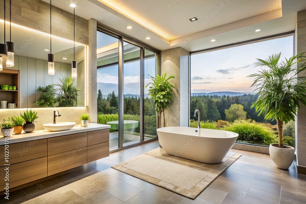 Fototapeta premium Sleek and modern bathroom design featuring panoramic photography showcasing scenic neighborhood views, blending contemporary aesthetics with vibrant