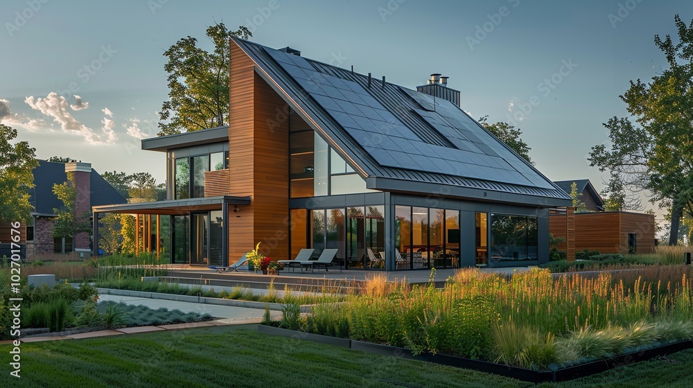 A quiet area with contemporary homes that showcase innovative architecture and ecological living, complete with solar panels, Generative AI. A quiet area with contemporary homes that showcase innovative architecture and ecological living, complete with solar panels, Generative AI.