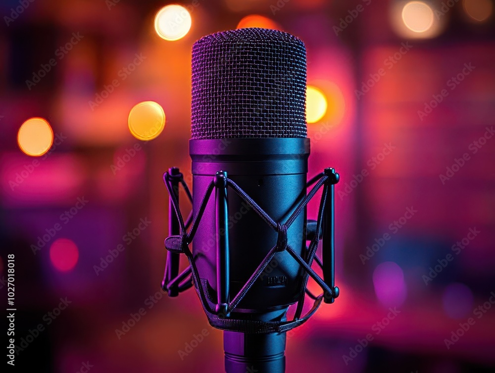 professional microphone set against a vibrant pink and purple background, designed to create a captivating atmosphere for podcasts or recording studios, emphasizing clarity and sound quality professional microphone set against a vibrant pink and purple background, designed to create a captivating atmosphere for podcasts or recording studios, emphasizing clarity and sound quality