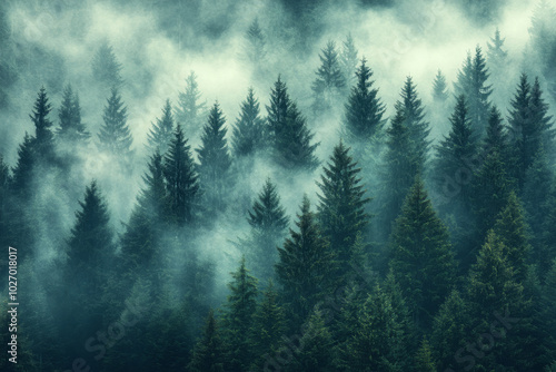 Mysterious mist envelops a dense forest during early morning hours