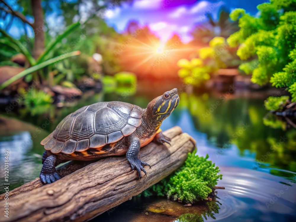Fototapeta premium Small Turtle on a Branch in Serene Landscape Photography