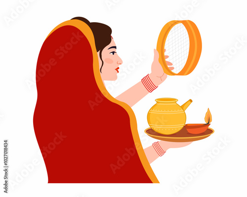 karwa chauth women in traditional cloths saree with puja thali indian hindu festival moon puja