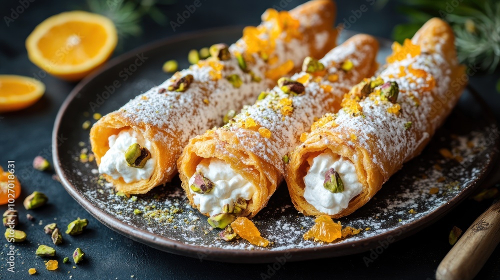 Delicious Cannoli with Cream Filling, Pistachios, and Orange Zest Delicious Cannoli with Cream Filling, Pistachios, and Orange Zest