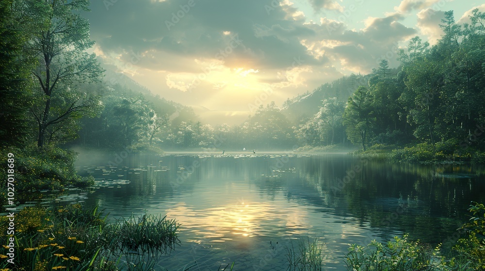 Serene Lake in a Lush Forest Landscape Serene Lake in a Lush Forest Landscape