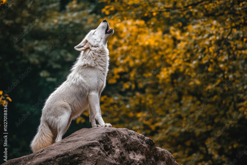 Fototapeta premium A lone wolf howls atop a rock against a backdrop of autumn foliage