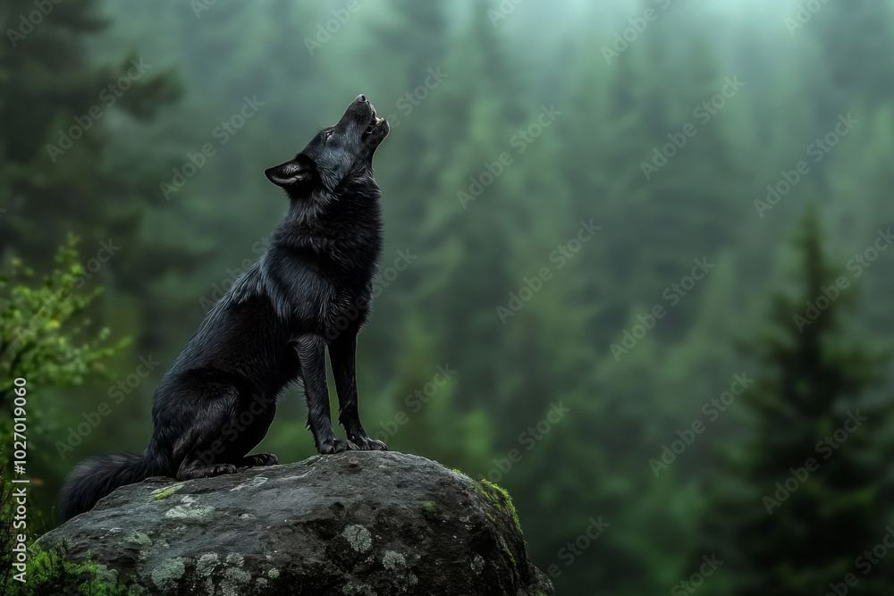 Naklejka premium A black wolf howling on a rock in a misty forest during early morning