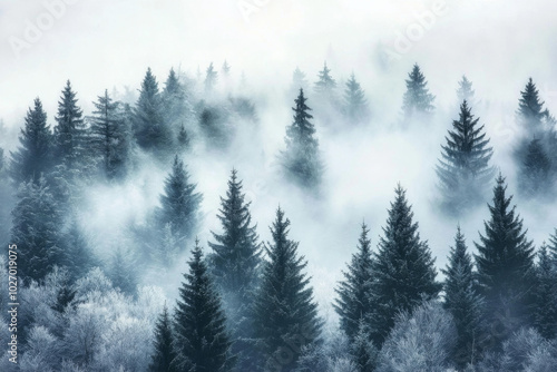 Dense pine forest shrouded in mist during early morning hours in winter