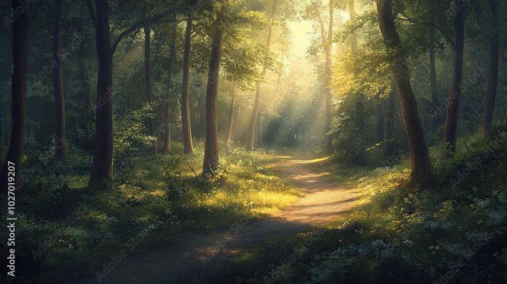 Naklejka premium Serene Forest Path with Sunlight Filtering Through Trees