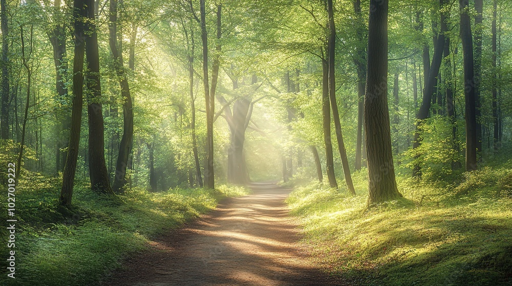 Serene Forest Path with Soft Morning Light