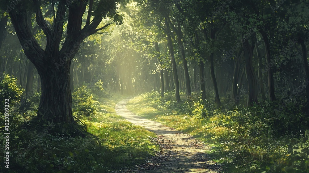 Serene Forest Pathway in Soft Morning Light Serene Forest Pathway in Soft Morning Light