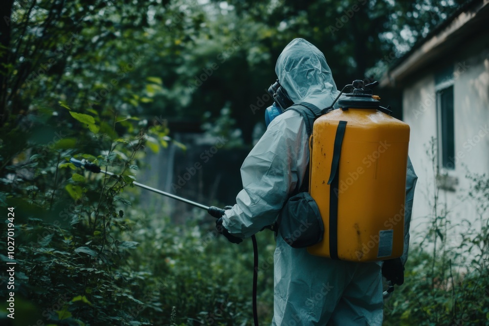 A pest control technician spraying insecticide in a garden A pest control technician spraying insecticide in a garden
