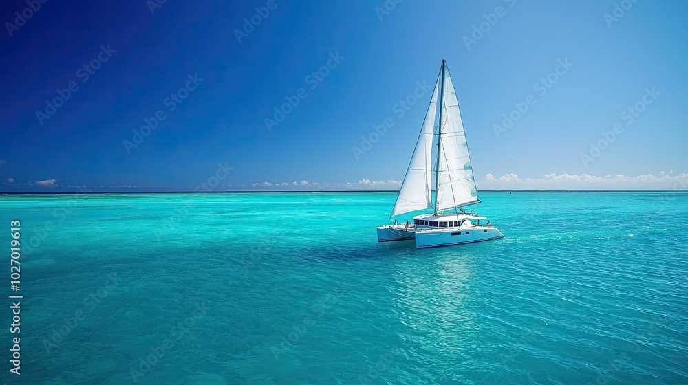 Fototapeta premium Elegant Catamaran Sailing in Turquoise Waters