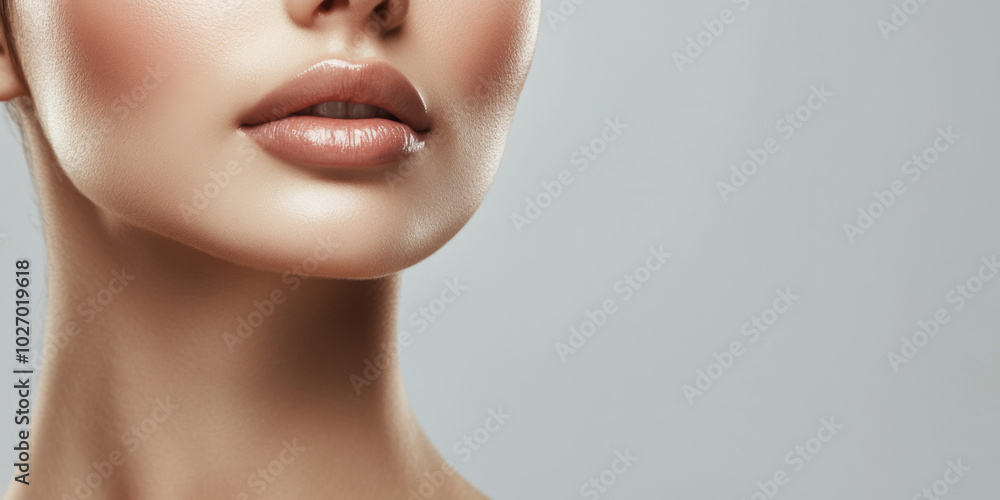 Close-up of a woman's neck and lips with soft lighting in a neutral setting Close-up of a woman's neck and lips with soft lighting in a neutral setting