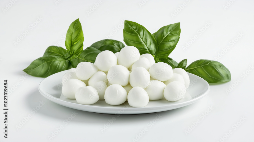 cheese with basil leaves, basil salad with mini mozzarella balls and green basil leafs