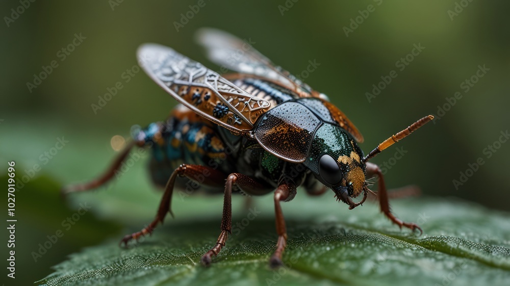 A close-up of a brightly colored beetle with iridescent green, brown, and orange markings, perched on a green leaf. A close-up of a brightly colored beetle with iridescent green, brown, and orange markings, perched on a green leaf.