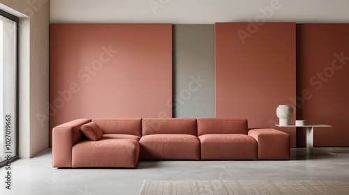 beautifully minimalist living room featuring modern terracotta sofa against backdrop of muted walls, creating serene and stylish atmosphere