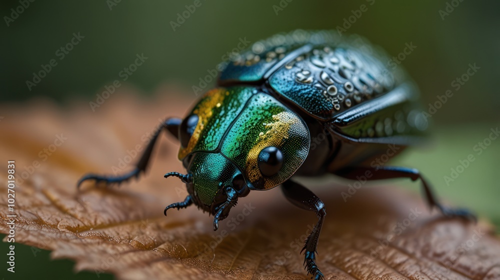 A close-up of a green and blue beetle with water droplets on its back, perched on a brown leaf. A close-up of a green and blue beetle with water droplets on its back, perched on a brown leaf.