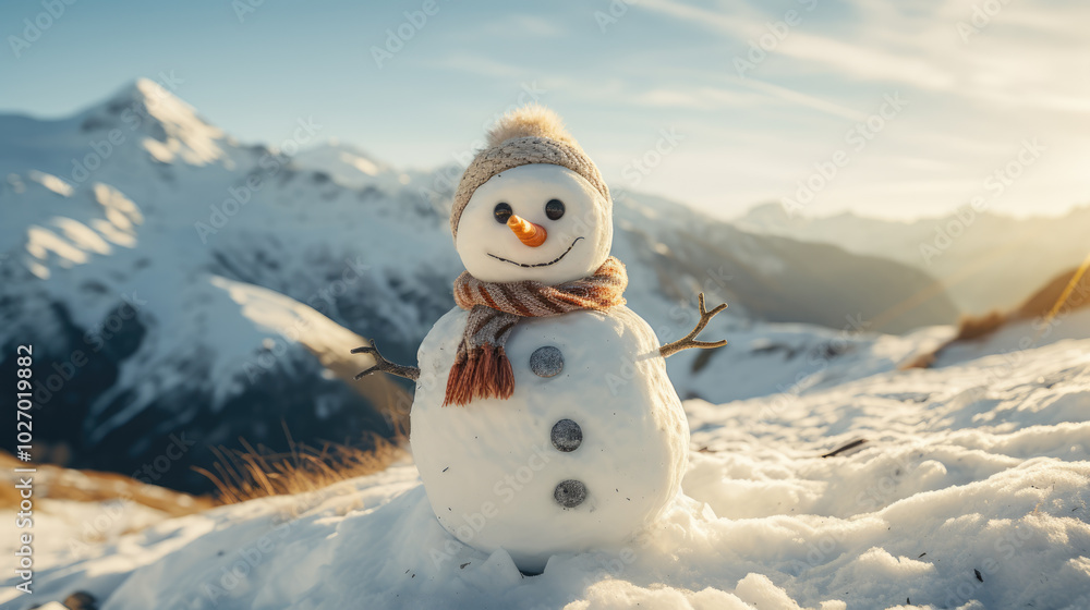 Fototapeta premium generated illustration of funny snowman on a snowy mountain