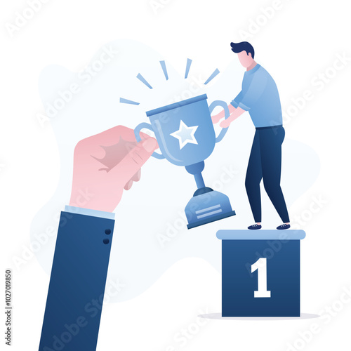 Awarding the winner. Huge hand give cup to winner. Happy man stands on podium. First place, best employee of the month. Reward after competition, trophy.