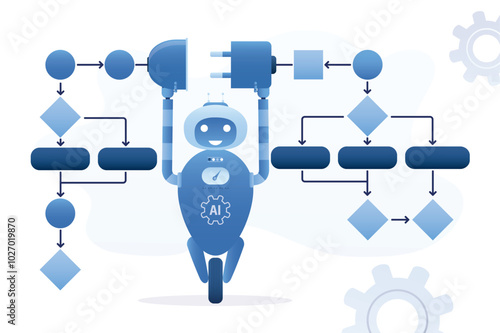 Work algorithm. Robot with ai building and connecti workflow diagram process. Business process or model, flowchart to get result, map or plan for business procedure, solution.