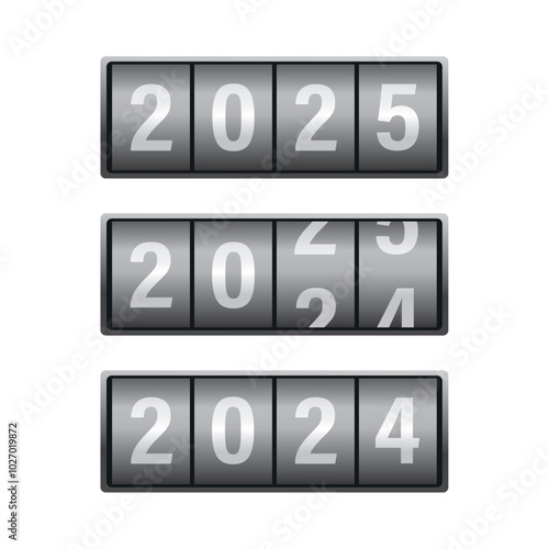 Set of calendar with years - 2024, 2025. Flip board countdown timer with years number. Happy New Year 2024 concept. Realistic years scoreboard, timer template concept.