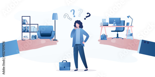 Life and work balance. Giant hands offer two options to choose from. Woman thinking about choose between career and money versus health and time. Comparison stress and healthy life