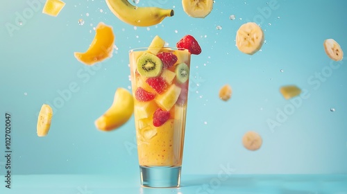 A glass of fruity smoothie with floating fruit slices above a light blue background