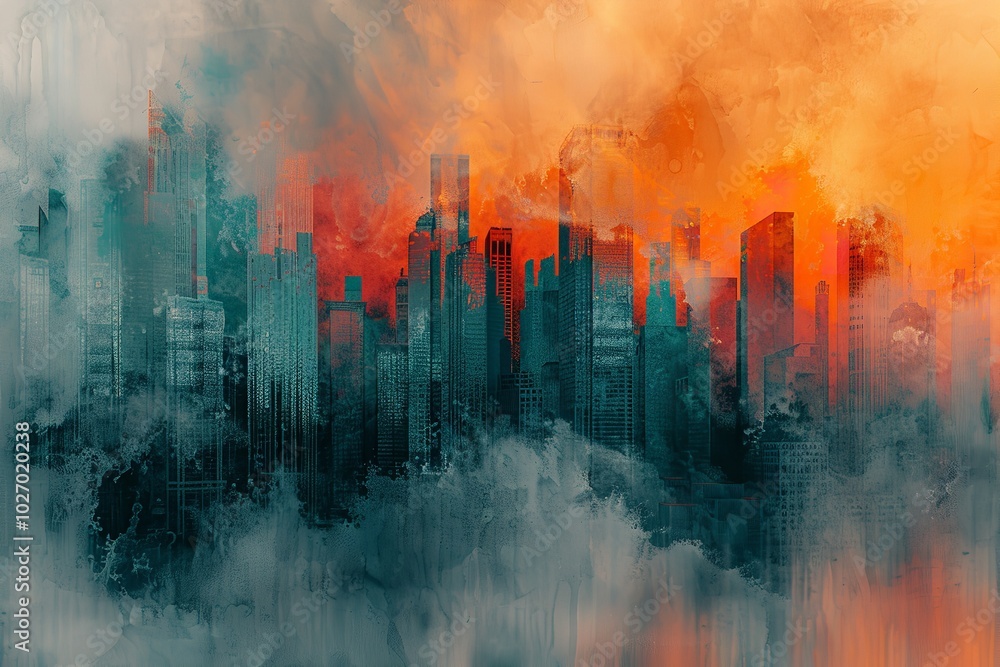 Obraz premium Beautiful watercolor painting depicting an abstract urban environment with skyscrapers and a grayish haze in shades of orange and teal, Generative AI.