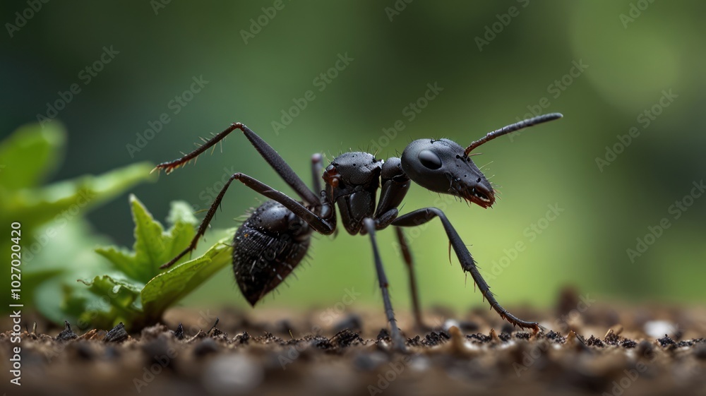 A black ant stands on the ground with its legs spread out and its antennae raised. The ant is in focus, while the background is blurred. A black ant stands on the ground with its legs spread out and its antennae raised. The ant is in focus, while the background is blurred.