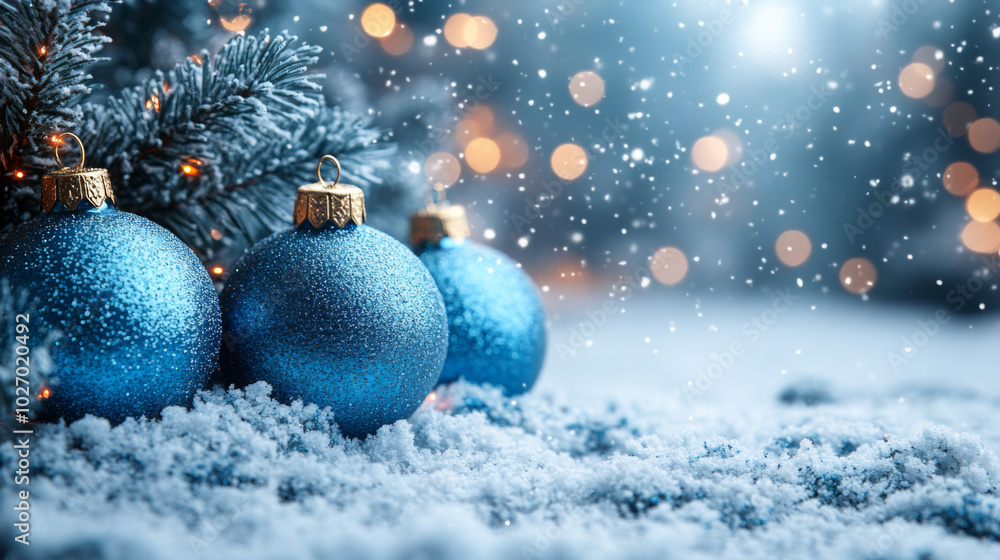 Glittering blue ornaments on snow-covered ground with soft falling snow Glittering blue ornaments on snow-covered ground with soft falling snow