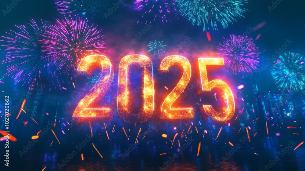 A vibrant display of fireworks celebrating the year 2025 in a festive atmosphere. A vibrant display of fireworks celebrating the year 2025 in a festive atmosphere.