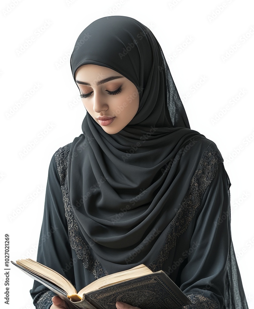 Portrait of a Young Muslim Arab Woman Reading the Quran in Traditional Hijab, Religious Middle Eastern Female Wearing Modest Black Attire Learning from Holy Book, White Background Portrait of a Young Muslim Arab Woman Reading the Quran in Traditional Hijab, Religious Middle Eastern Female Wearing Modest Black Attire Learning from Holy Book, White Background