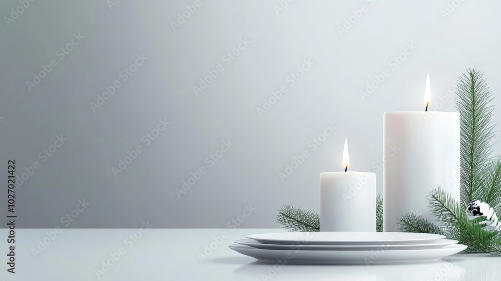 Elegant white candles and fresh greenery on a minimalist table setting Elegant white candles and fresh greenery on a minimalist table setting